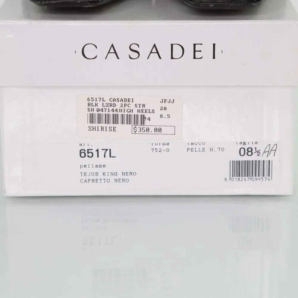 CASADEI $350 Black Lizard Heels Ankle Strap D'Orsay Women's Size 8.5 AA Narrow